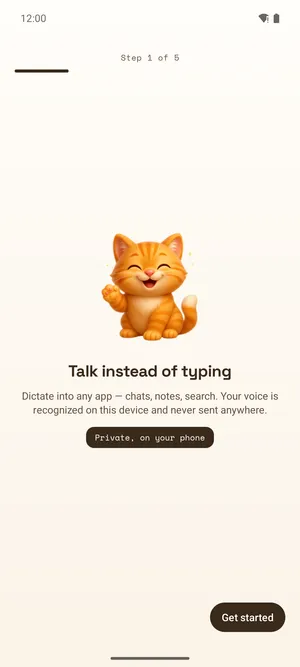 Sweet Whisper on a phone: the first wizard screen with the cat