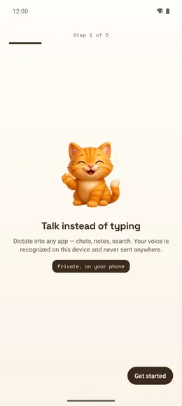 Sweet Whisper on a phone: the first wizard screen with the cat
