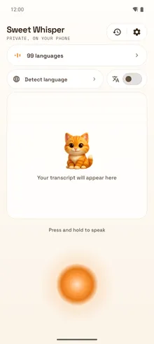 The main screen: pick a language, hold the orb, speak