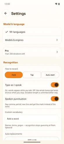 Settings: how to record, what to type, your own dictionary